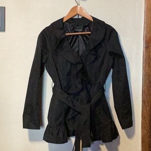Cynthia Rowley Ruffle Front Belted Trench Jacket Black Size S